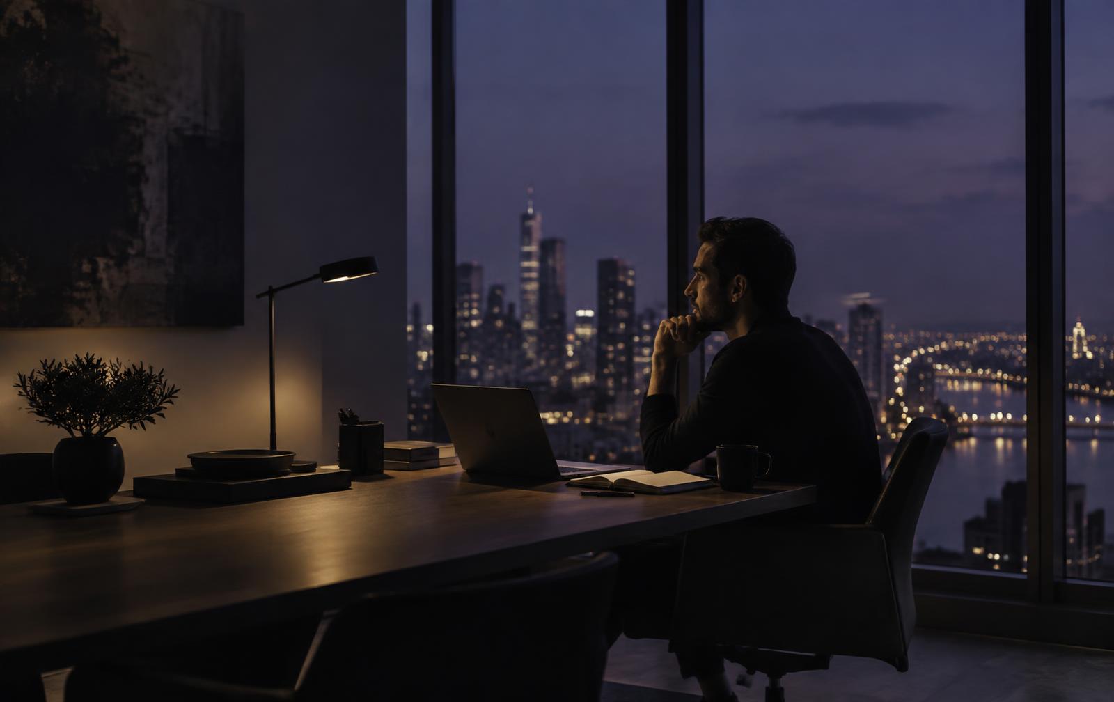 Founder reflecting at a desk overlooking the city