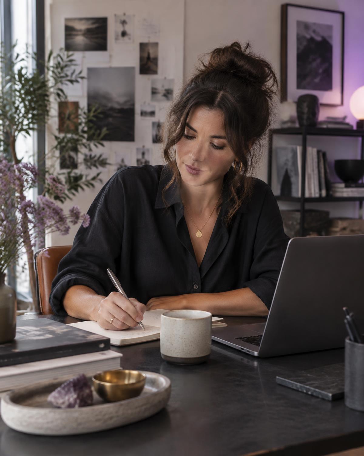 Independent founder planning at her studio desk